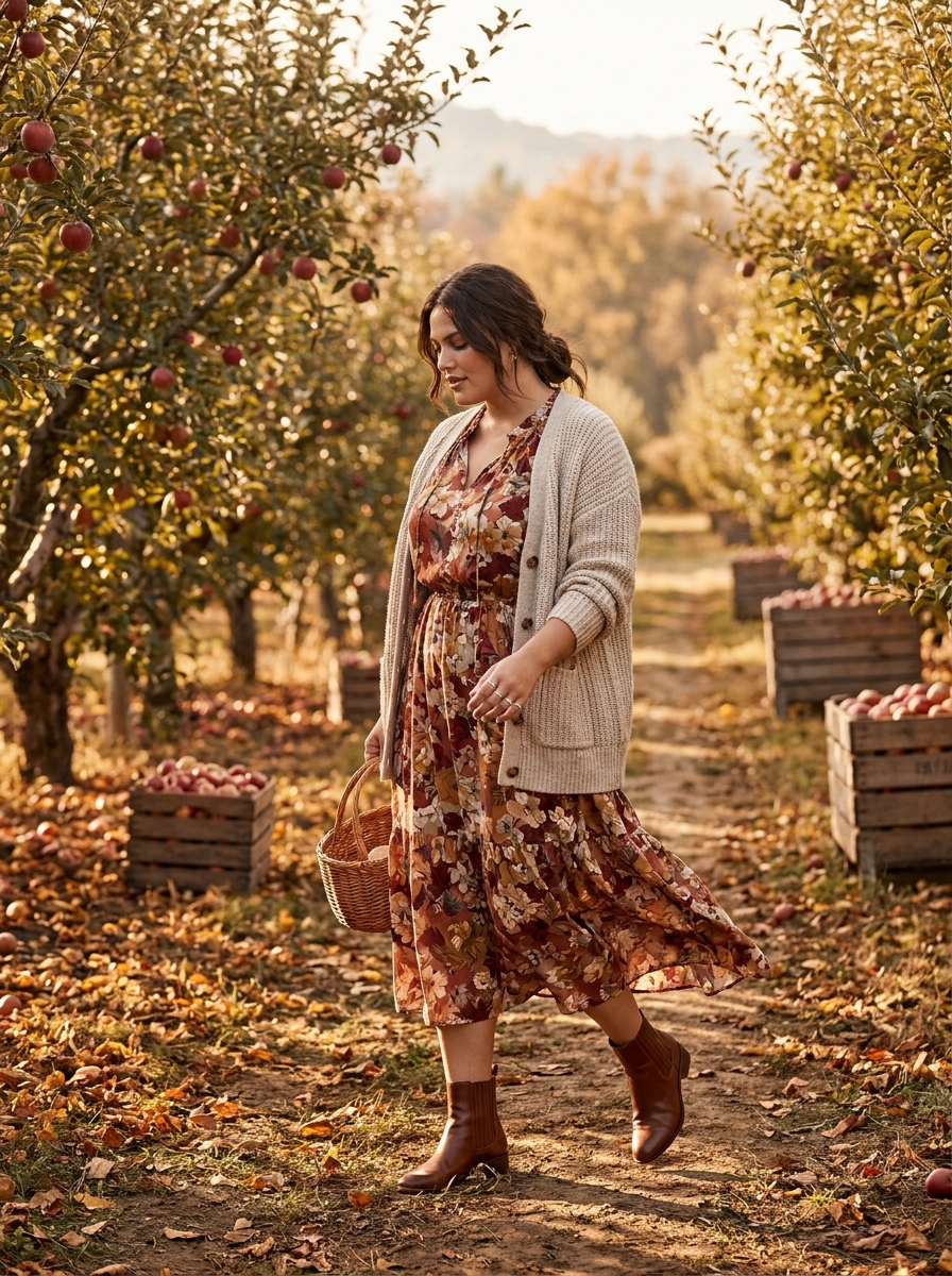 Floral Midi Dress With a Chunky Cardigan and Boots