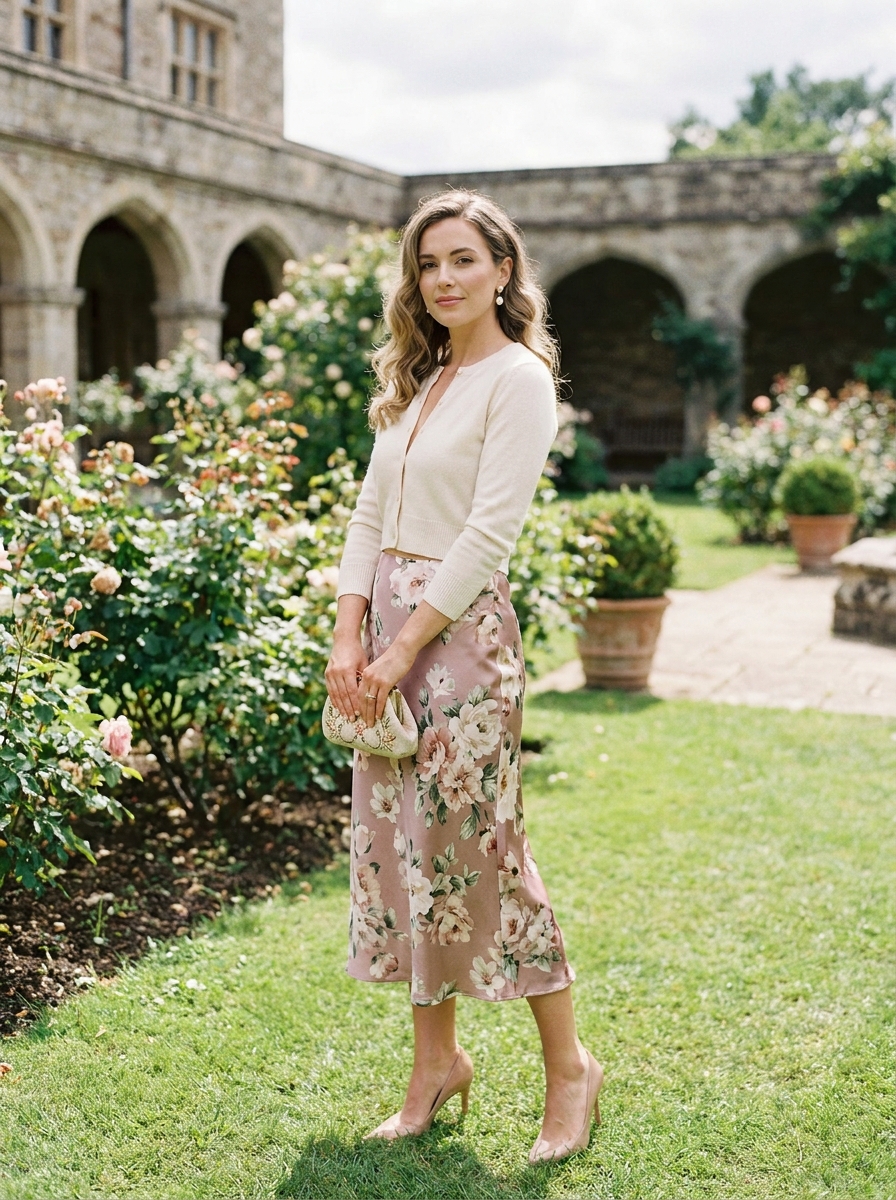 Floral Satin Skirt With Cropped Cardigan