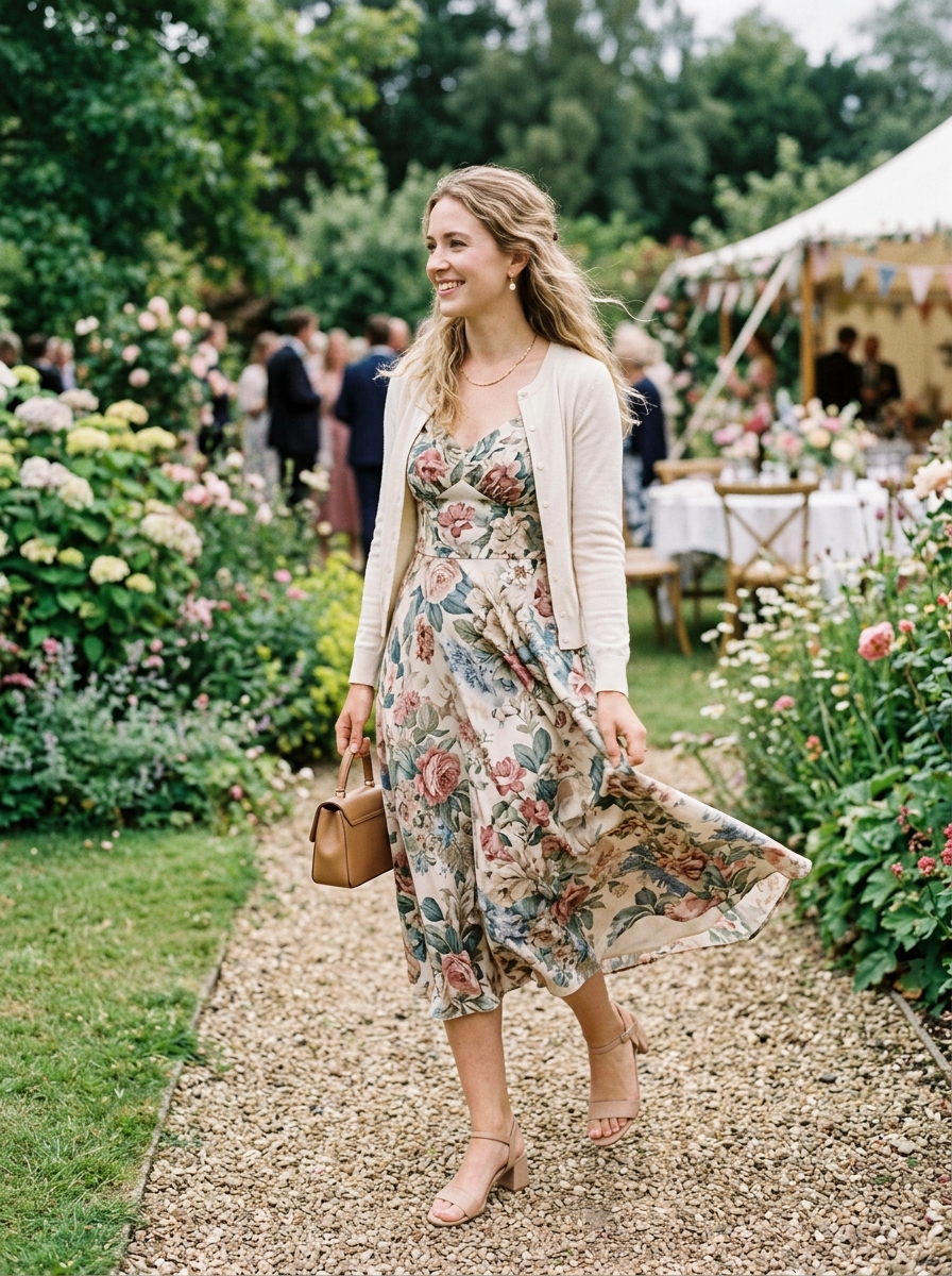 Floral Tea Dress With a Soft Cardigan