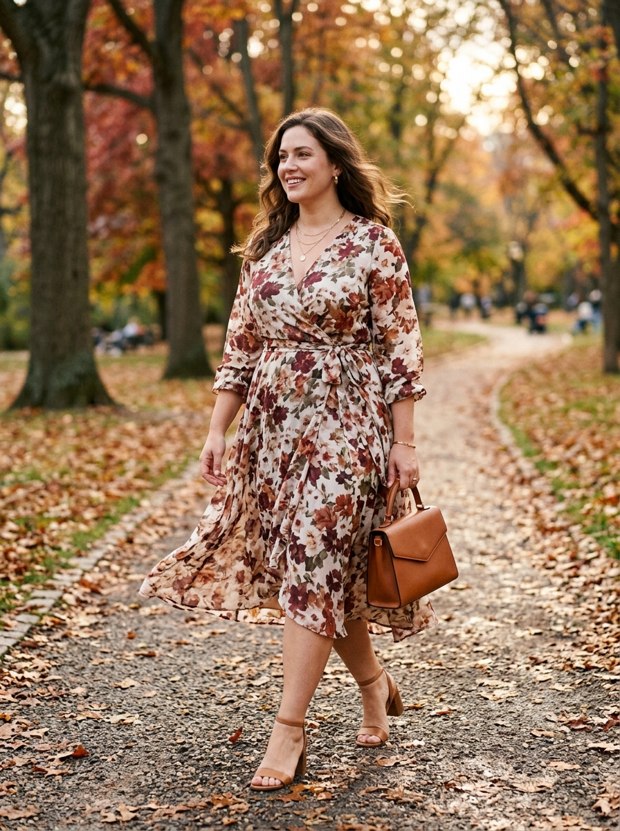 Floral Wrap Midi Dress With Block Heels