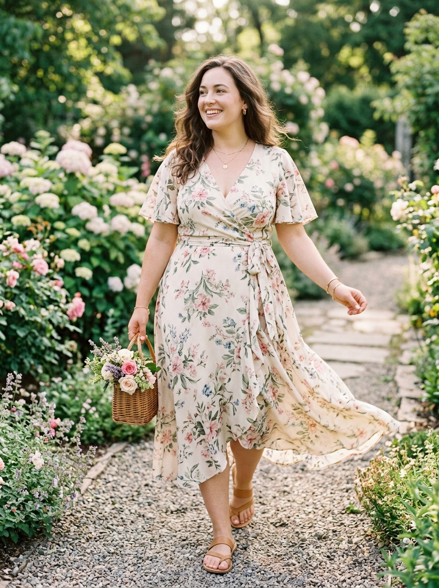 Floral Wrap Midi Dress With Flutter Sleeves