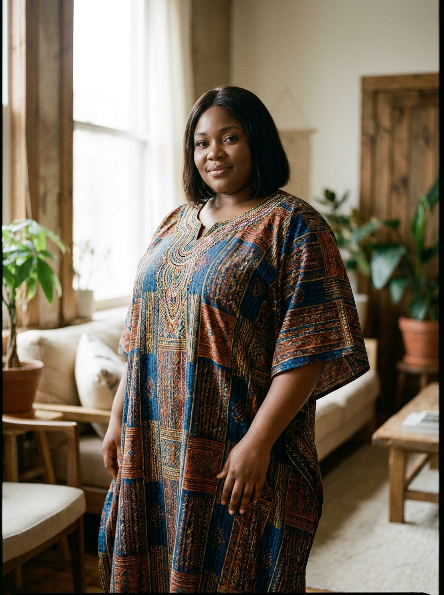 Flowing Ankara Kaftan With Embellished Neckline