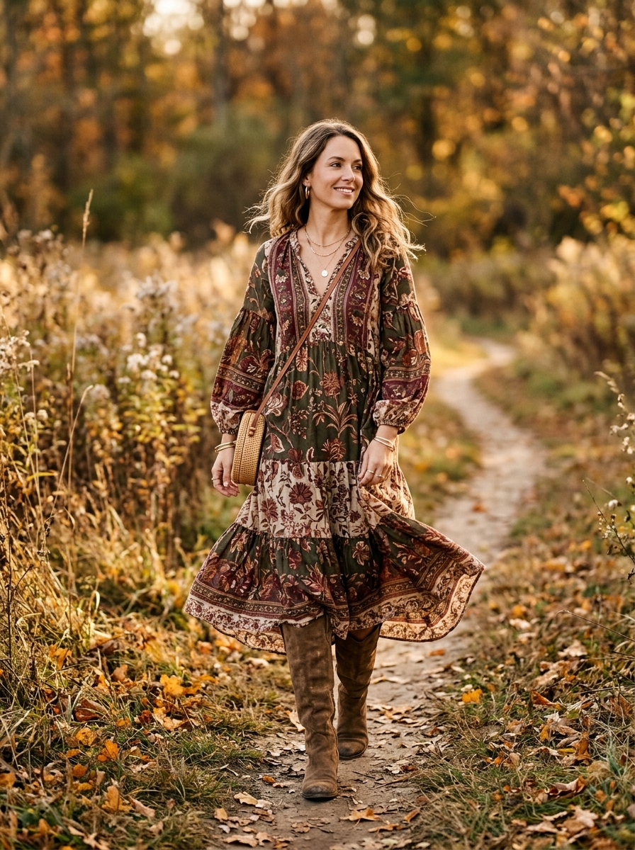 Flowy Floral Midi Dress With Suede Boots