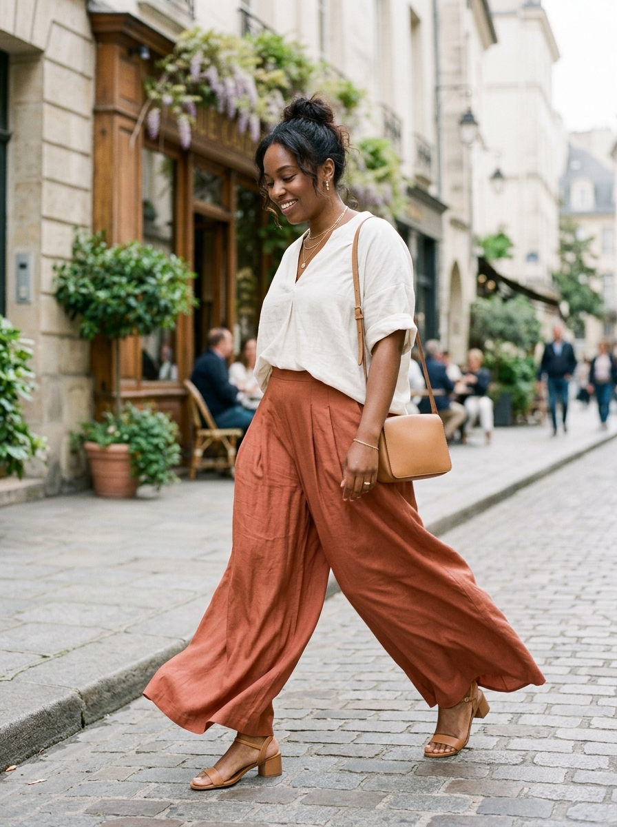 Flowy Palazzo Pants With a Short Relaxed Blouse