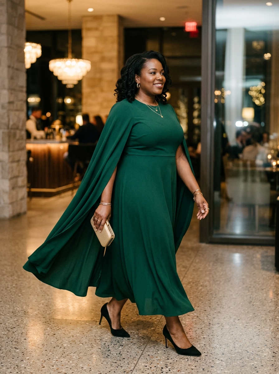 Forest Green Cape-Sleeve Dress