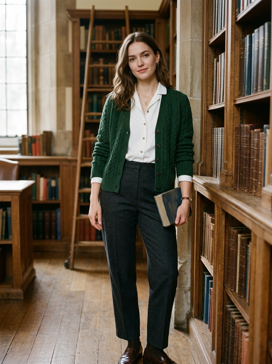Forest Green Cardigan With White Blouse and Wool Trousers