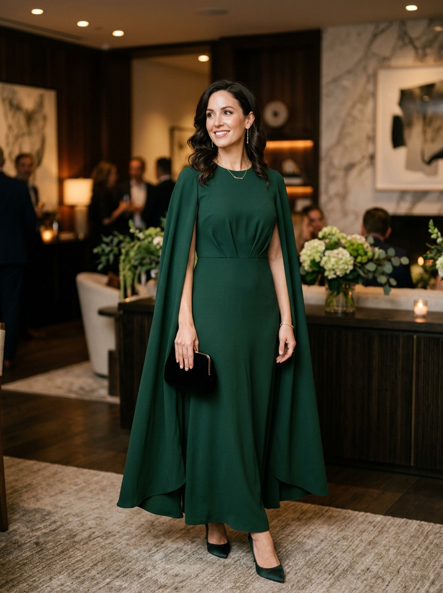 Forest Green Crepe Dress With Cape Sleeves