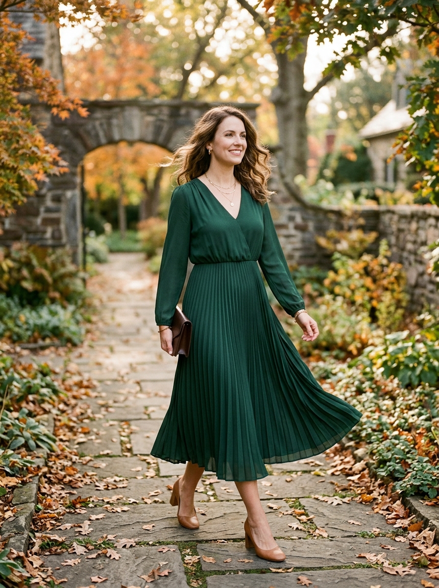 Forest Green Pleated Midi Dress