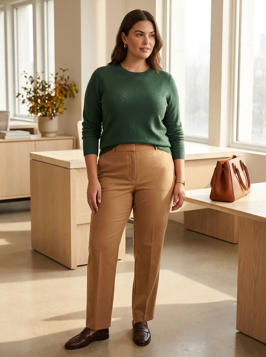 Forest Green Sweater With Camel Trousers
