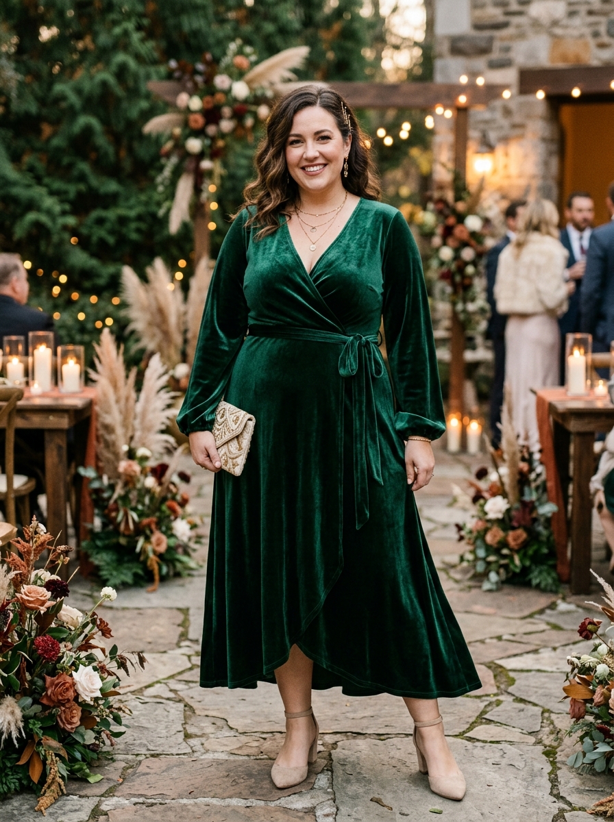 Forest Green Velvet Wrap Dress