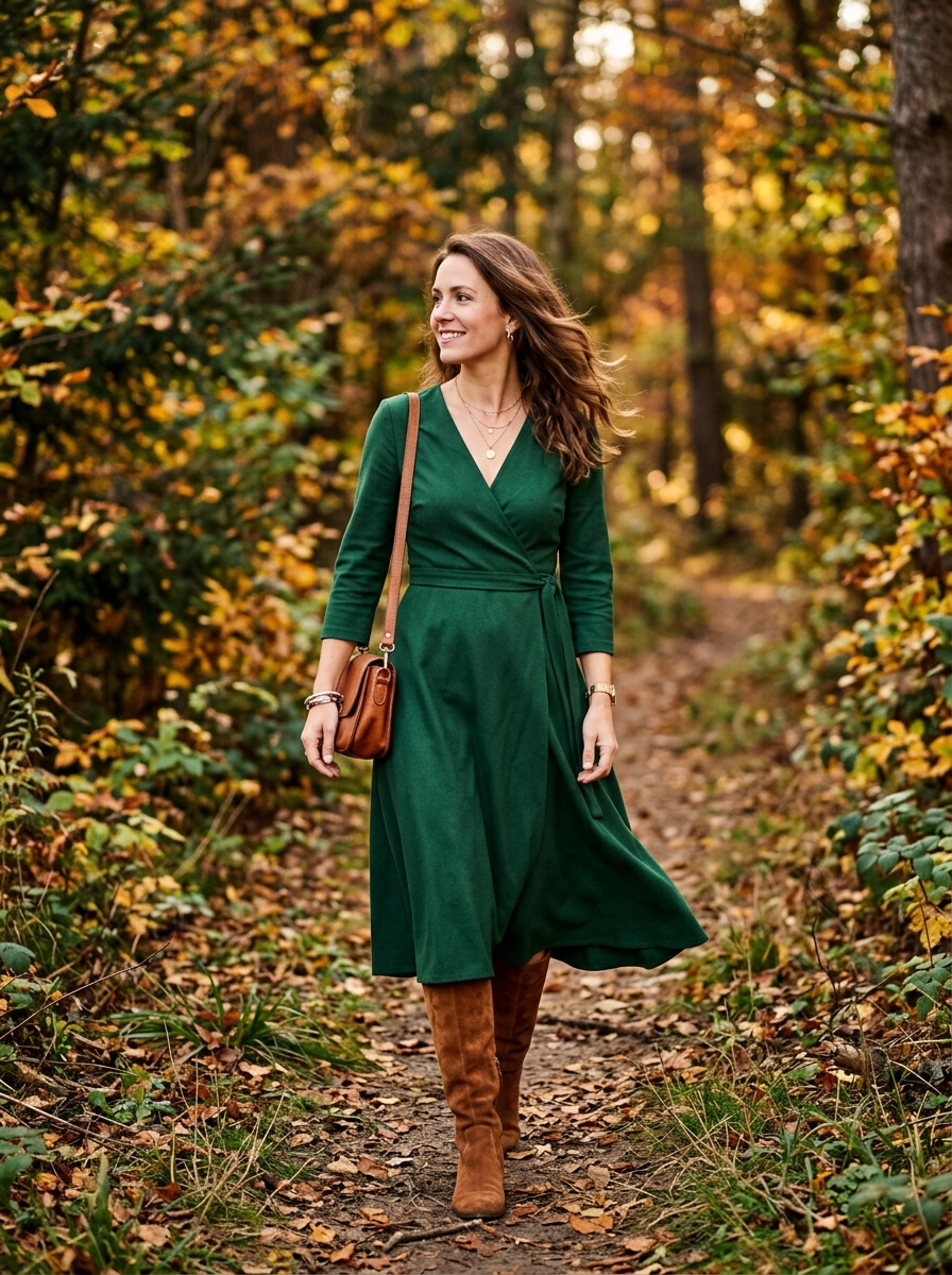 Forest Green Wrap Dress With Tall Suede Boots