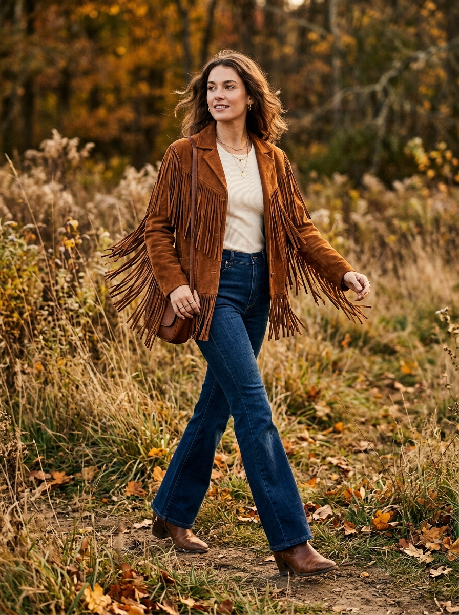 Fringe Jacket With Dark Flared Jeans