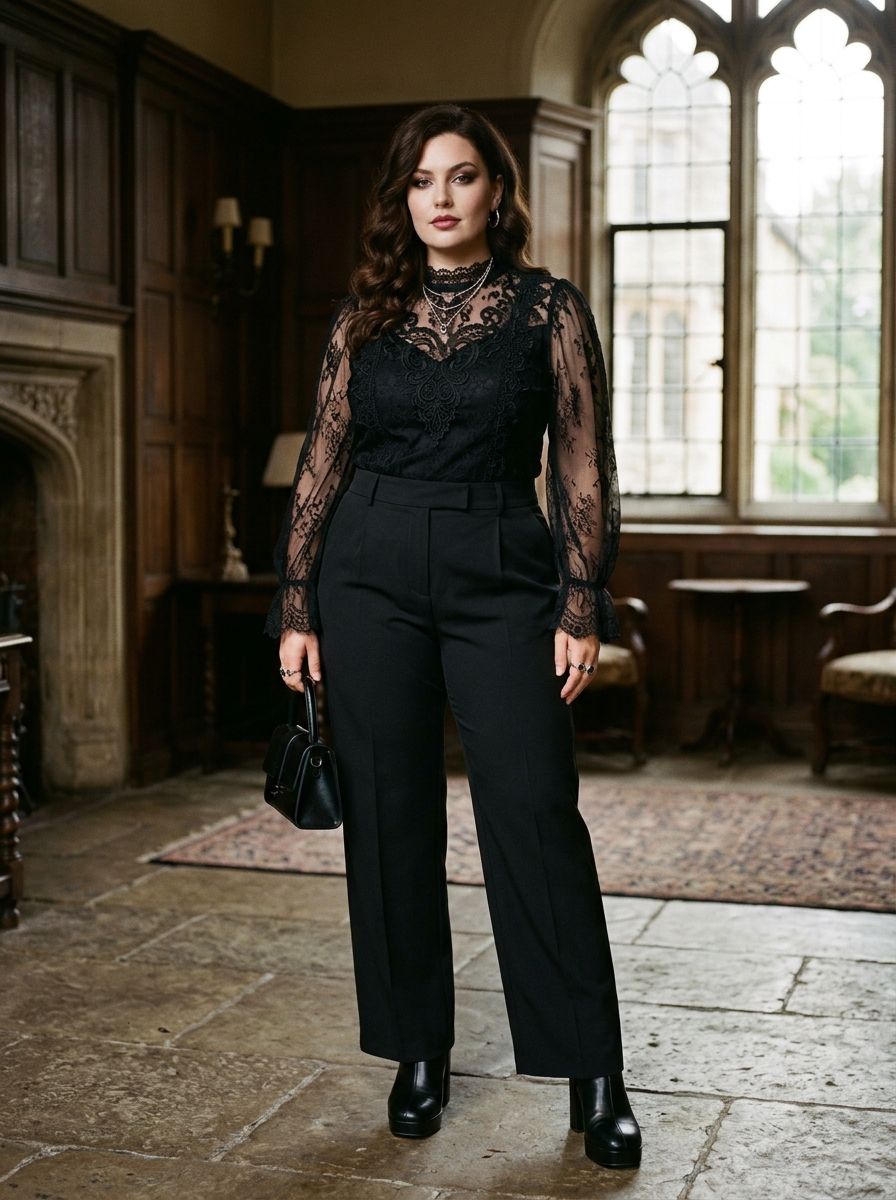 Gothic Lace Blouse With High Waisted Trousers