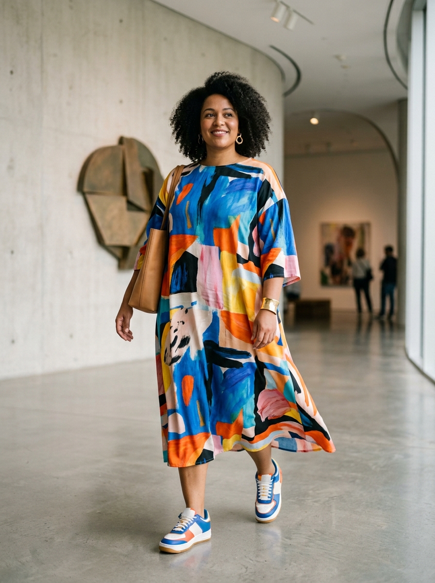 Graphic Midi Dress With Colorful Sneakers