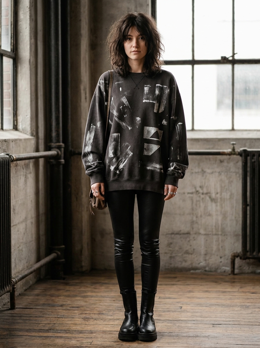 Graphic Sweatshirt With Faux Leather Leggings