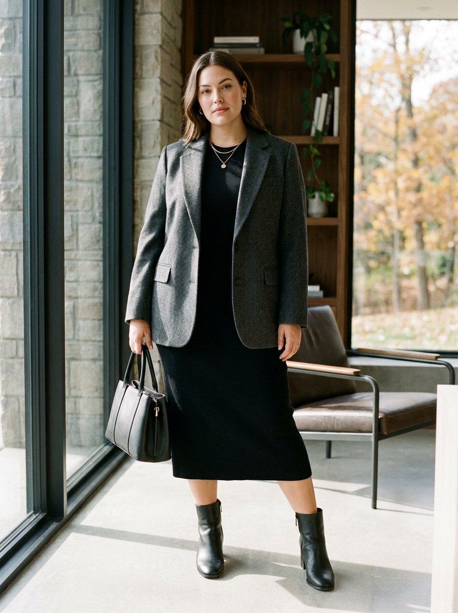 Gray Blazer With Black Knit Midi Dress