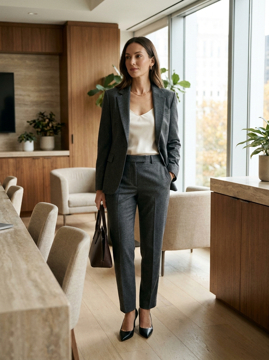 Gray Suit With Silk-Look Camisole