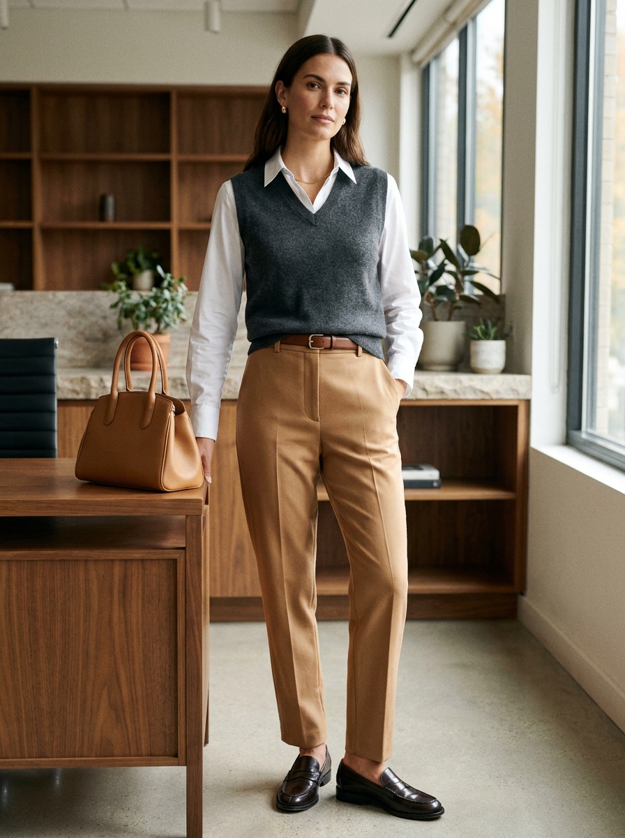 Gray Sweater Vest With White Shirt And Trousers