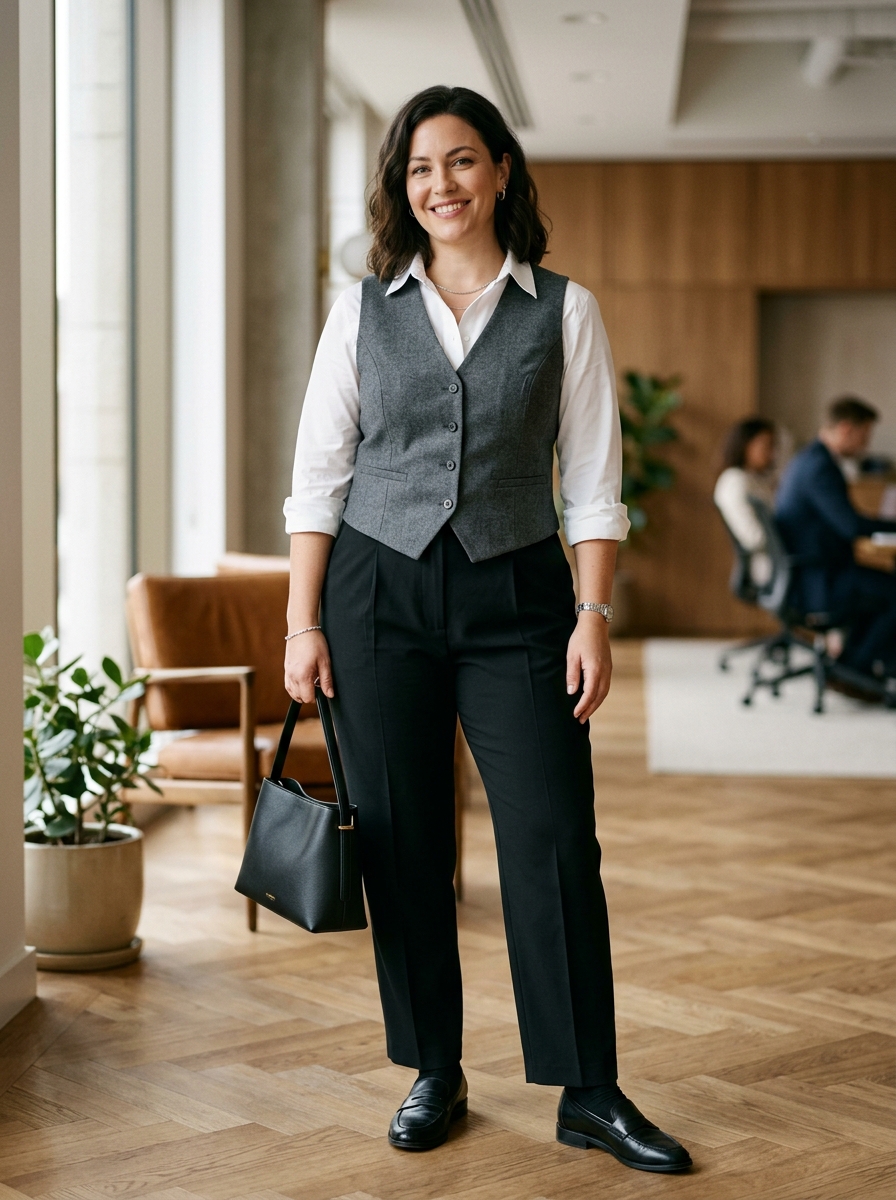 Gray Vest With White Shirt And Black Trousers