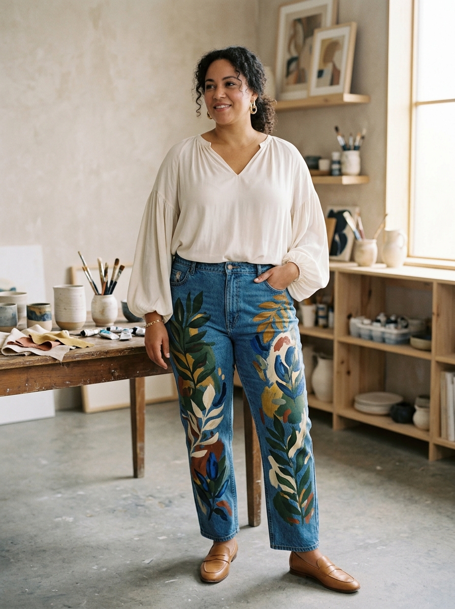Hand-Painted Denim With a Flowing Blouse
