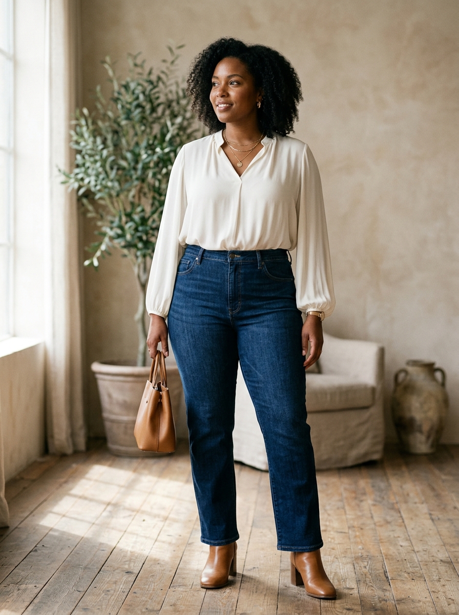 High-Rise Straight Jeans With a Flowing Blouse