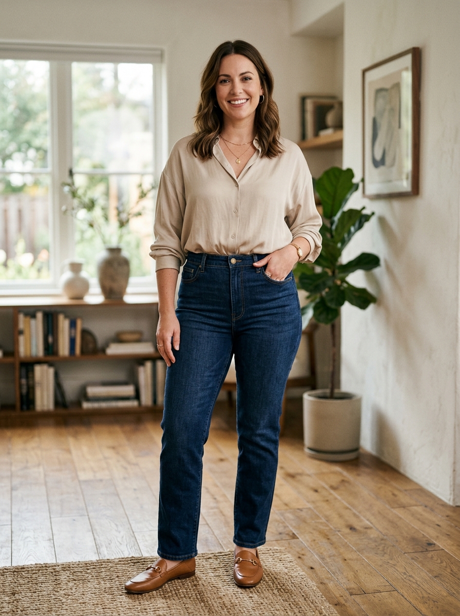 High-Rise Straight Jeans With a Relaxed Blouse