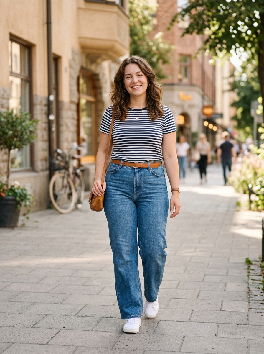 High-Waisted Jeans With Striped Tee