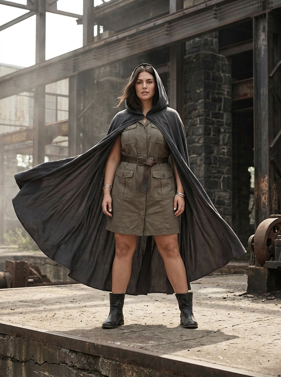 Hooded Cape With Belted Utility Dress