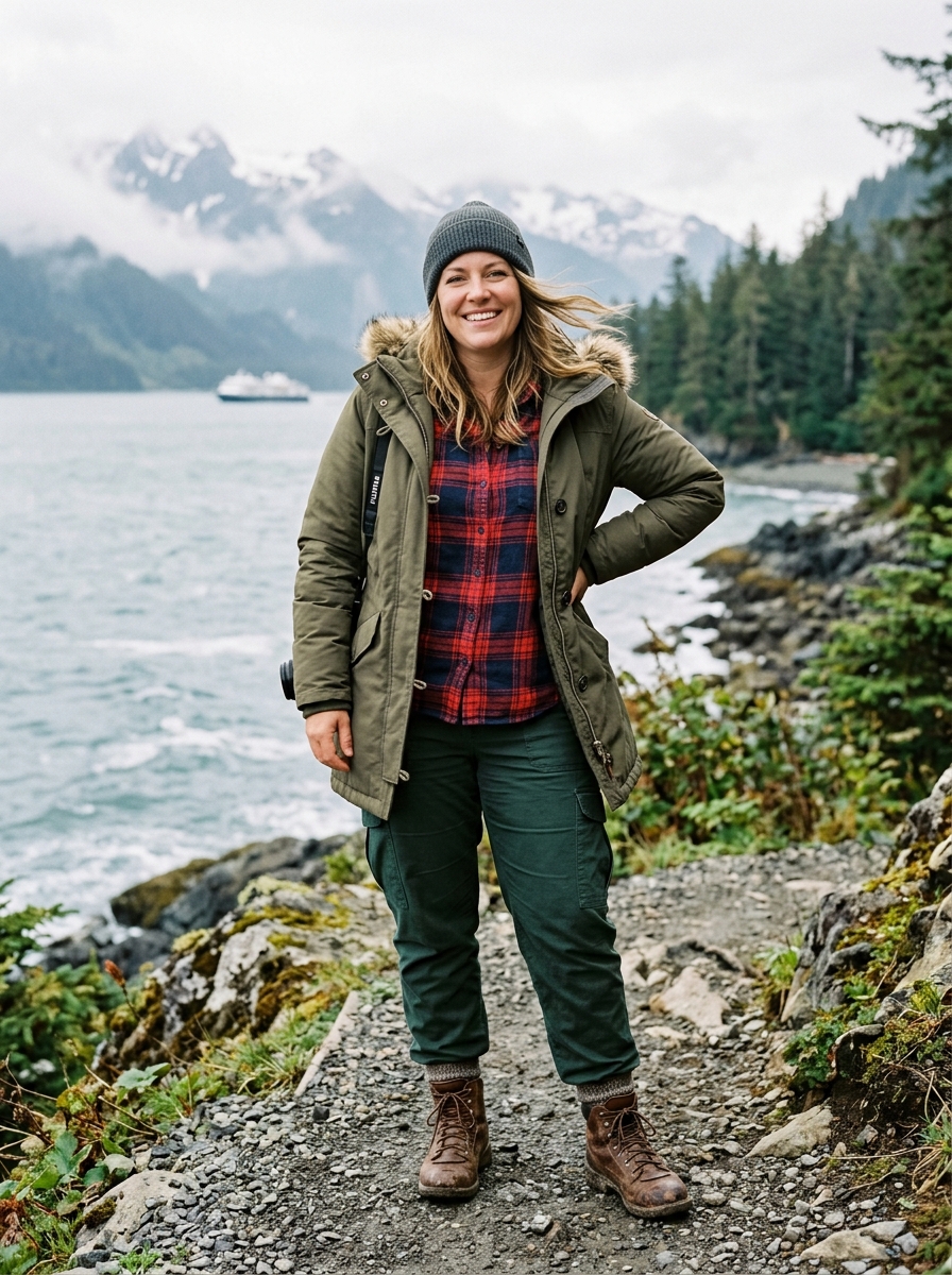 Hooded Parka With Flannel Shirt and Cargo Pants