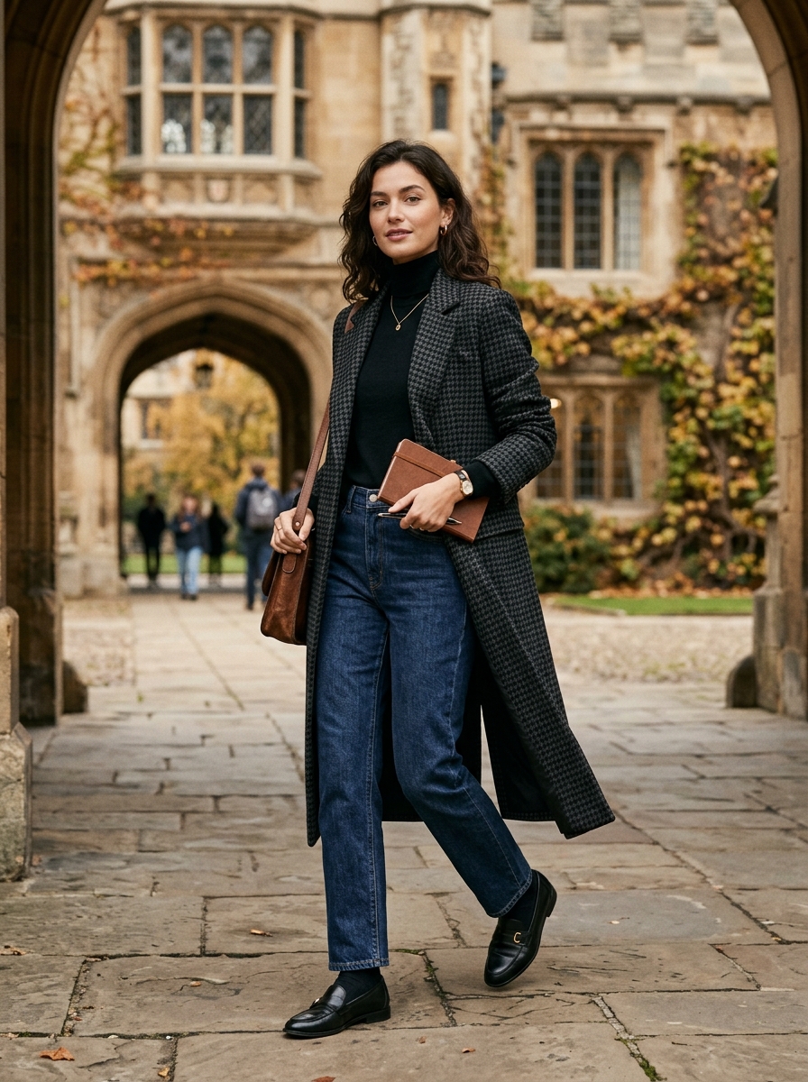 Houndstooth Coat With Black Turtleneck and Straight Jeans