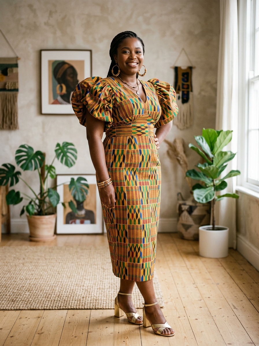 Kente-Inspired Midi Dress With Statement Sleeves