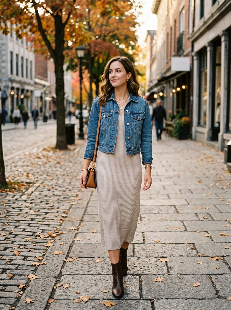 Knit Midi Dress With Cropped Denim Jacket