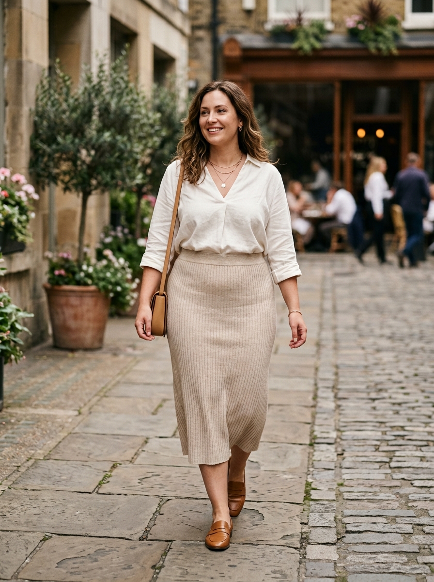 Knit Midi Skirt With a Relaxed V-Neck Top