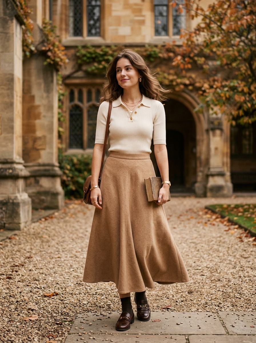 Knit Polo With A-Line Midi Skirt