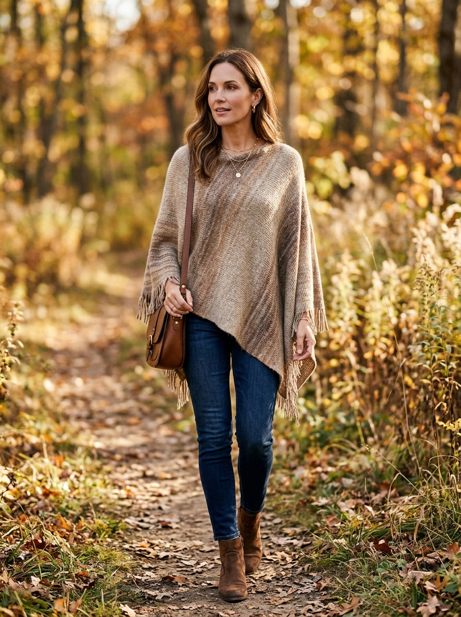 Knit Poncho With Dark Wash Jeans