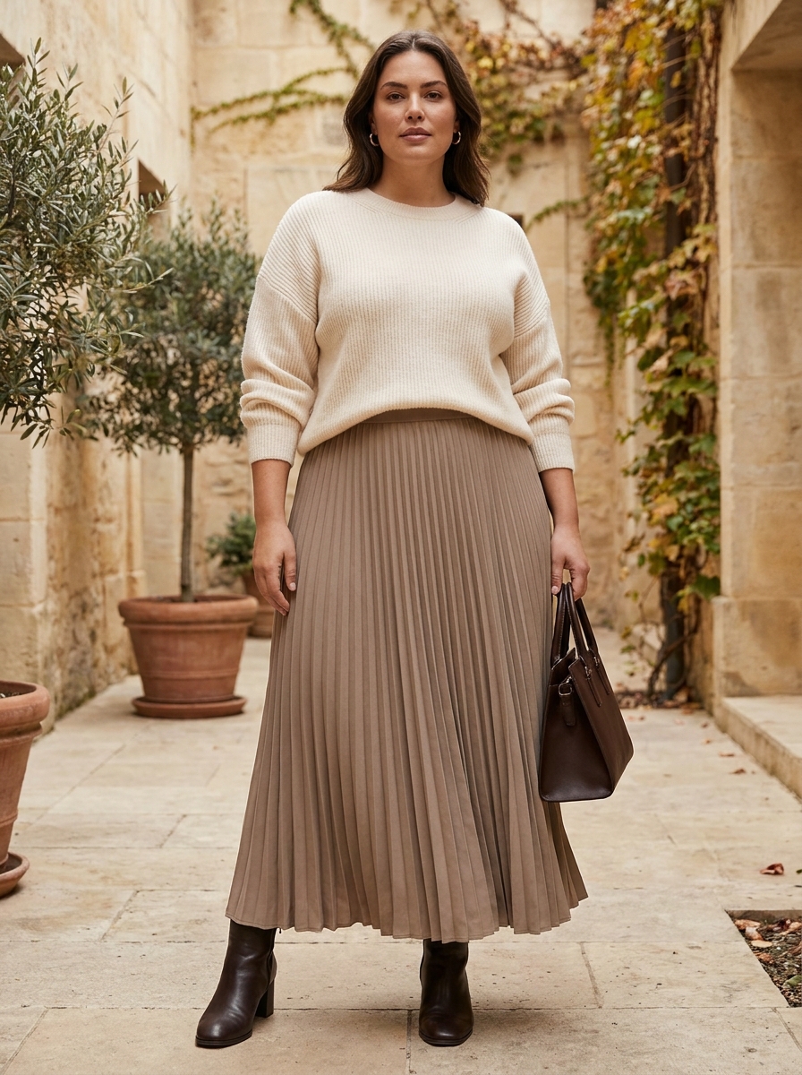Knit Sweater With Pleated Maxi Skirt