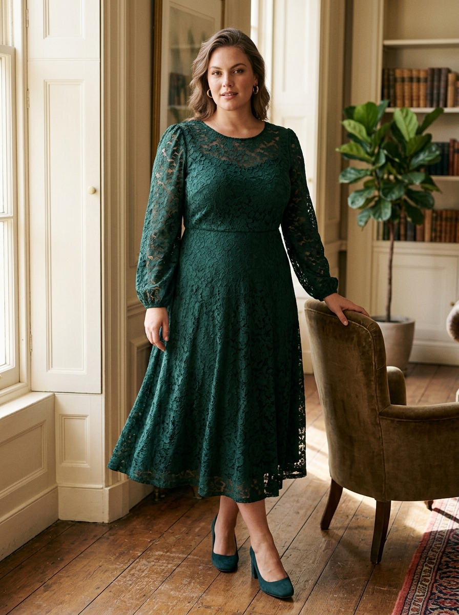 Lace Midi Dress With Long Sleeves