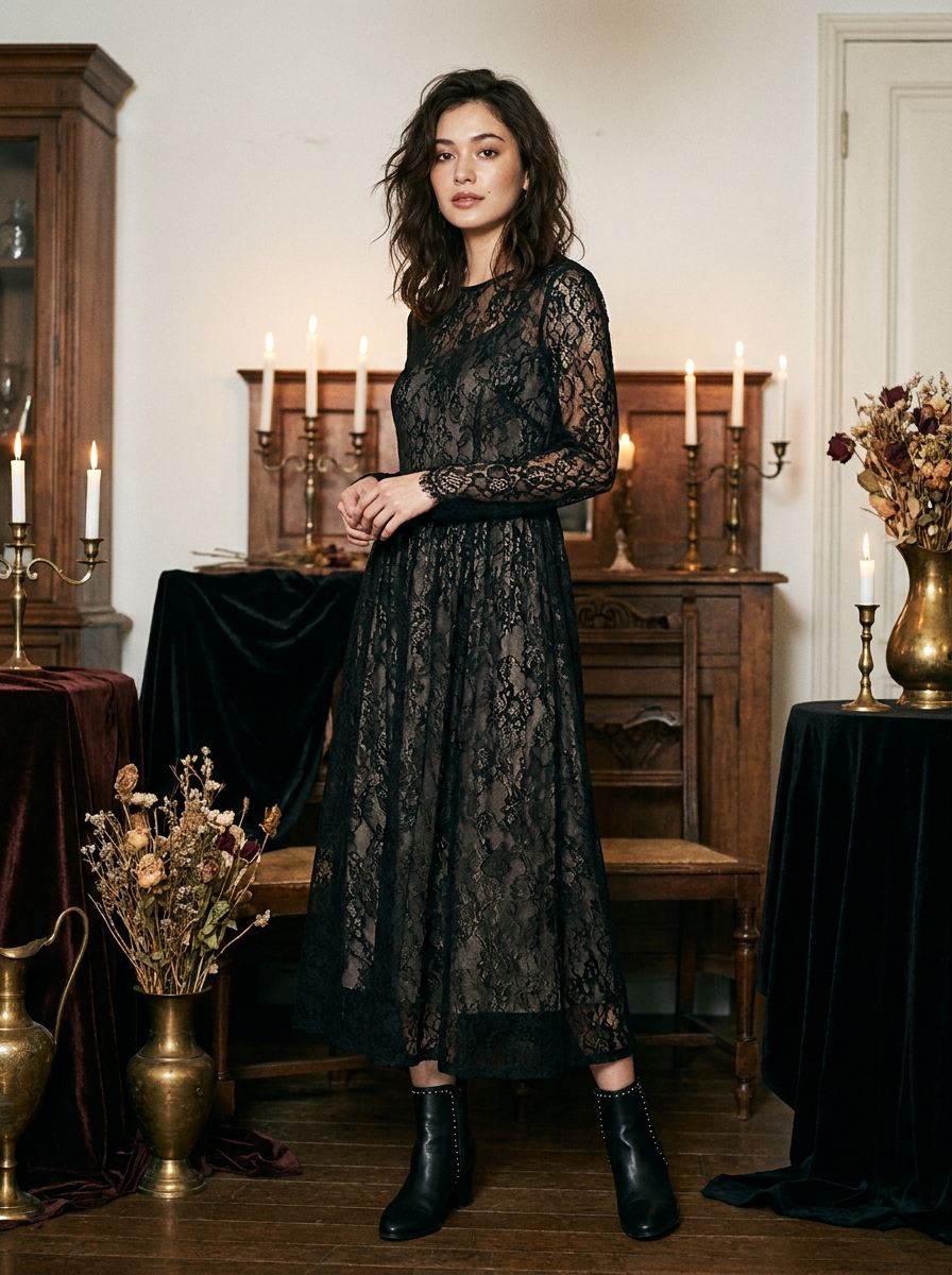 Lace Midi Dress With Studded Ankle Boots