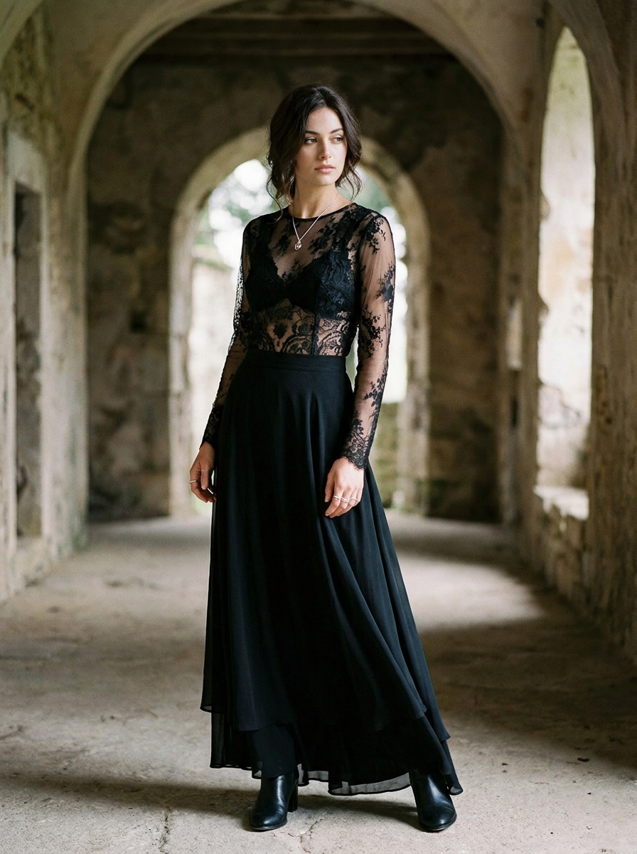 Lace Top With Black Maxi Skirt