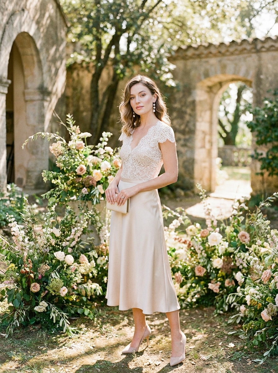Lace Top With Satin Midi Skirt