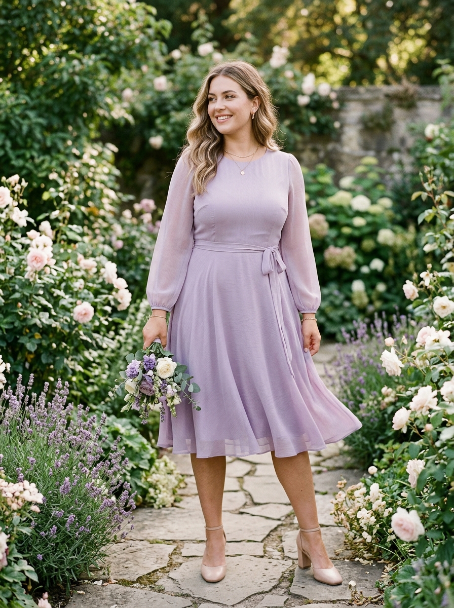 Lavender A-Line Dress With Sheer Sleeves