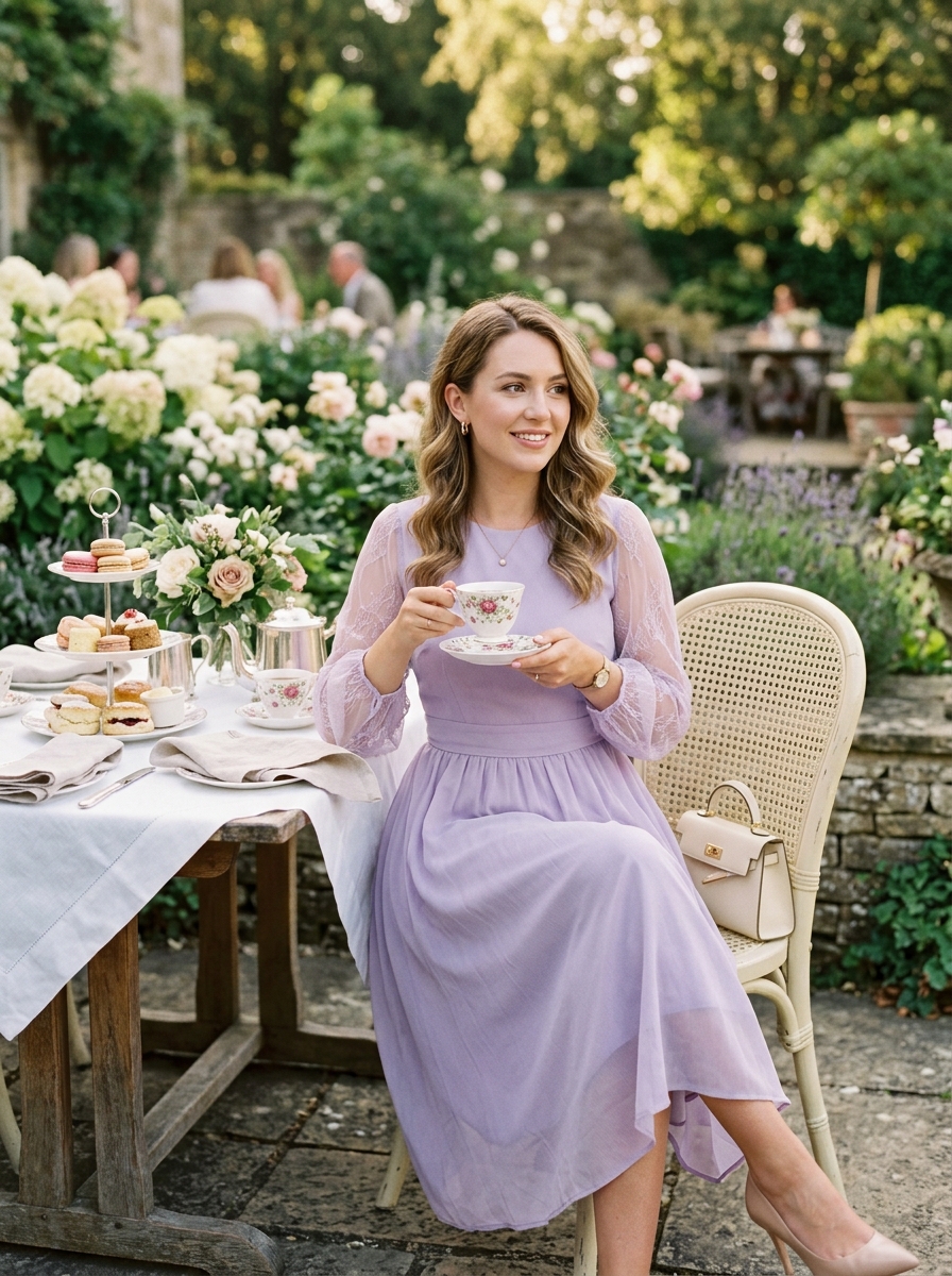 Lavender Midi Dress With Sheer Sleeves