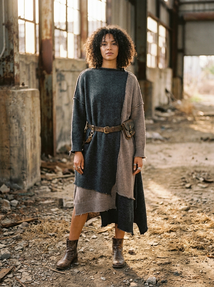 Layered Knit Dress With Utility Belt