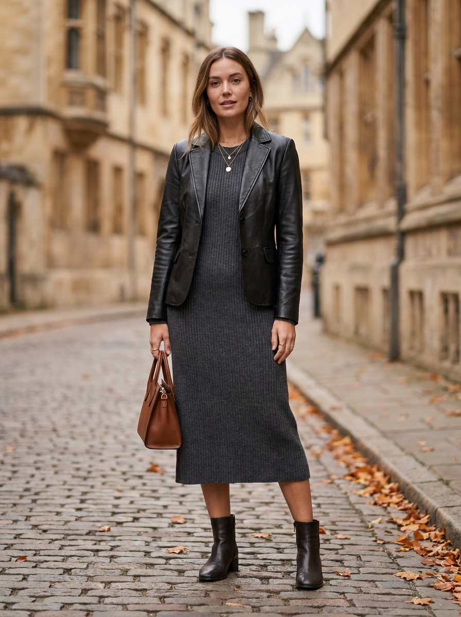 Leather Jacket With Knit Dress