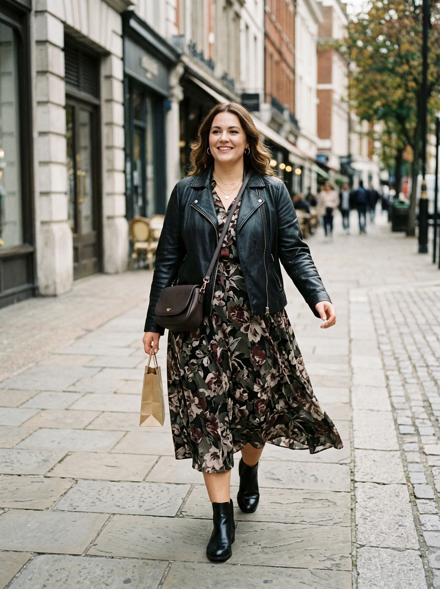 Leather Jacket With Printed Midi Dress and Boots