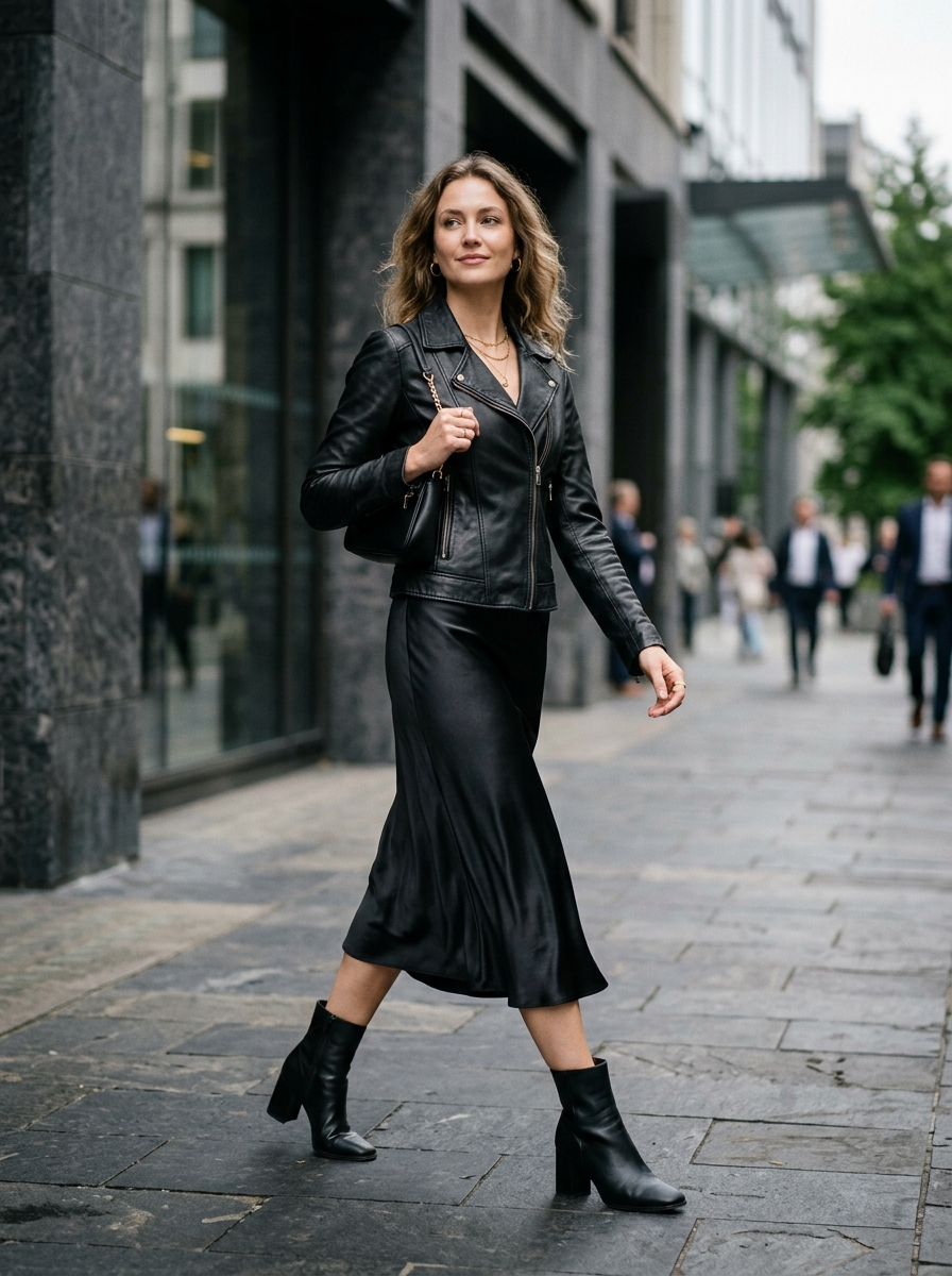 Leather Jacket With Slip Midi Skirt