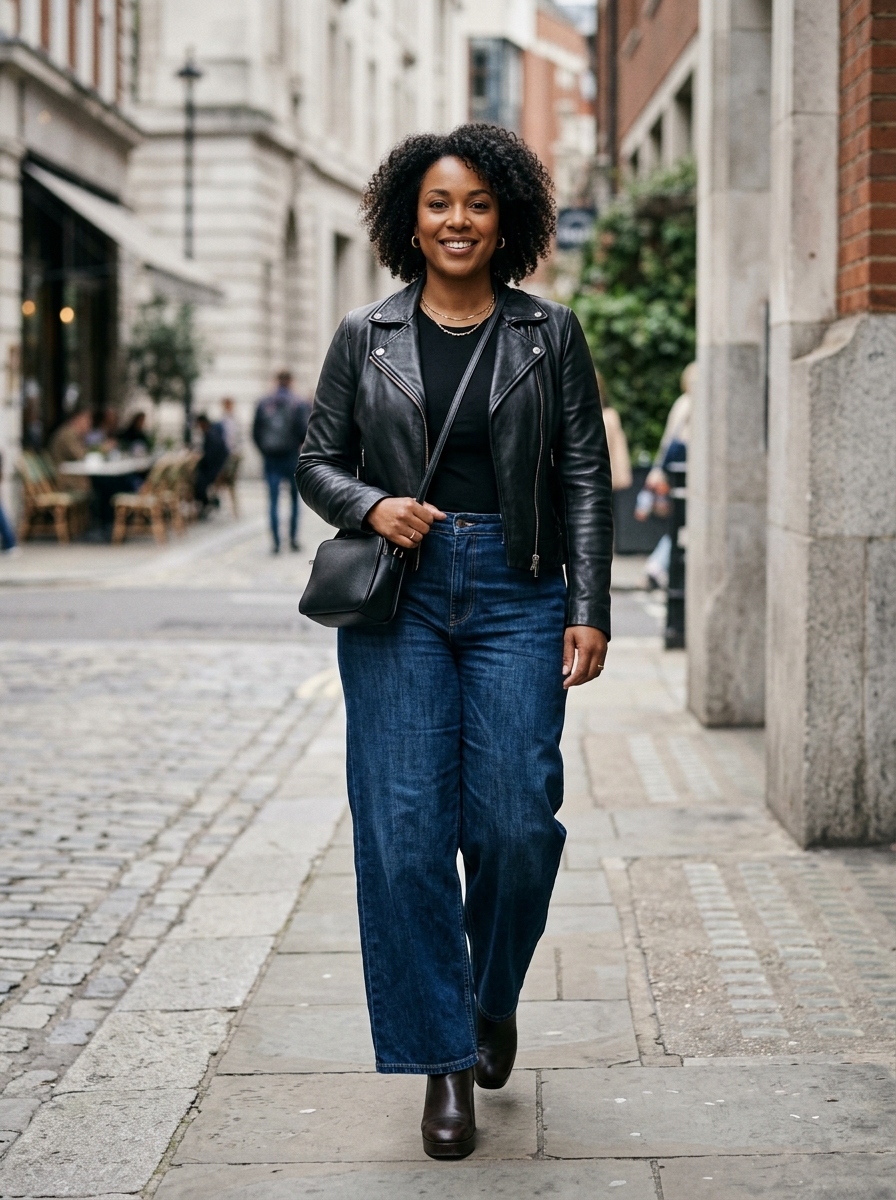Leather Jacket With Wide-Leg Jeans