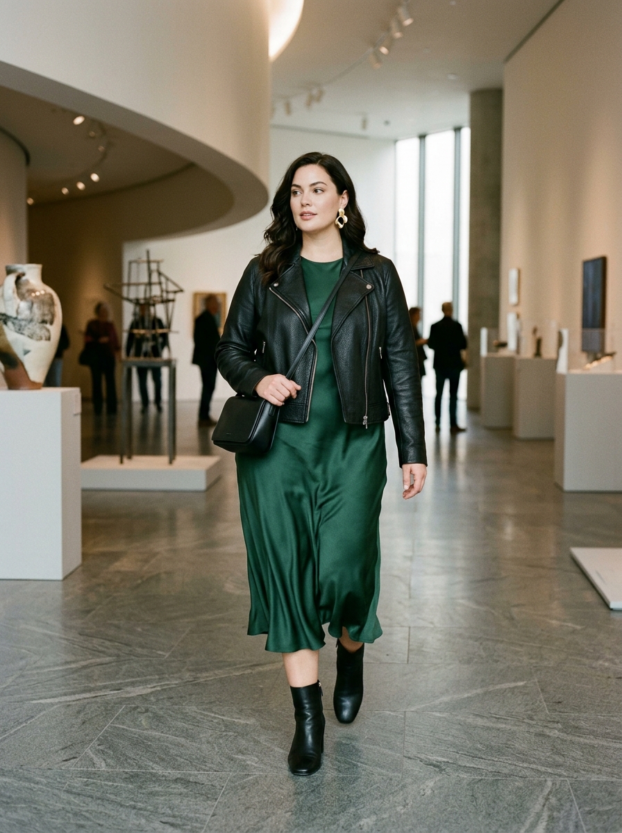 Leather Jacket With a Flowing Midi Dress
