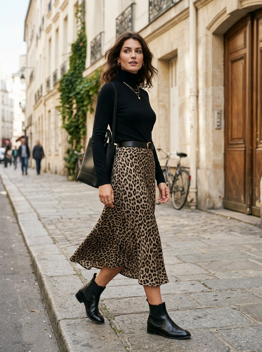 Leopard Midi Skirt With Fitted Black Top