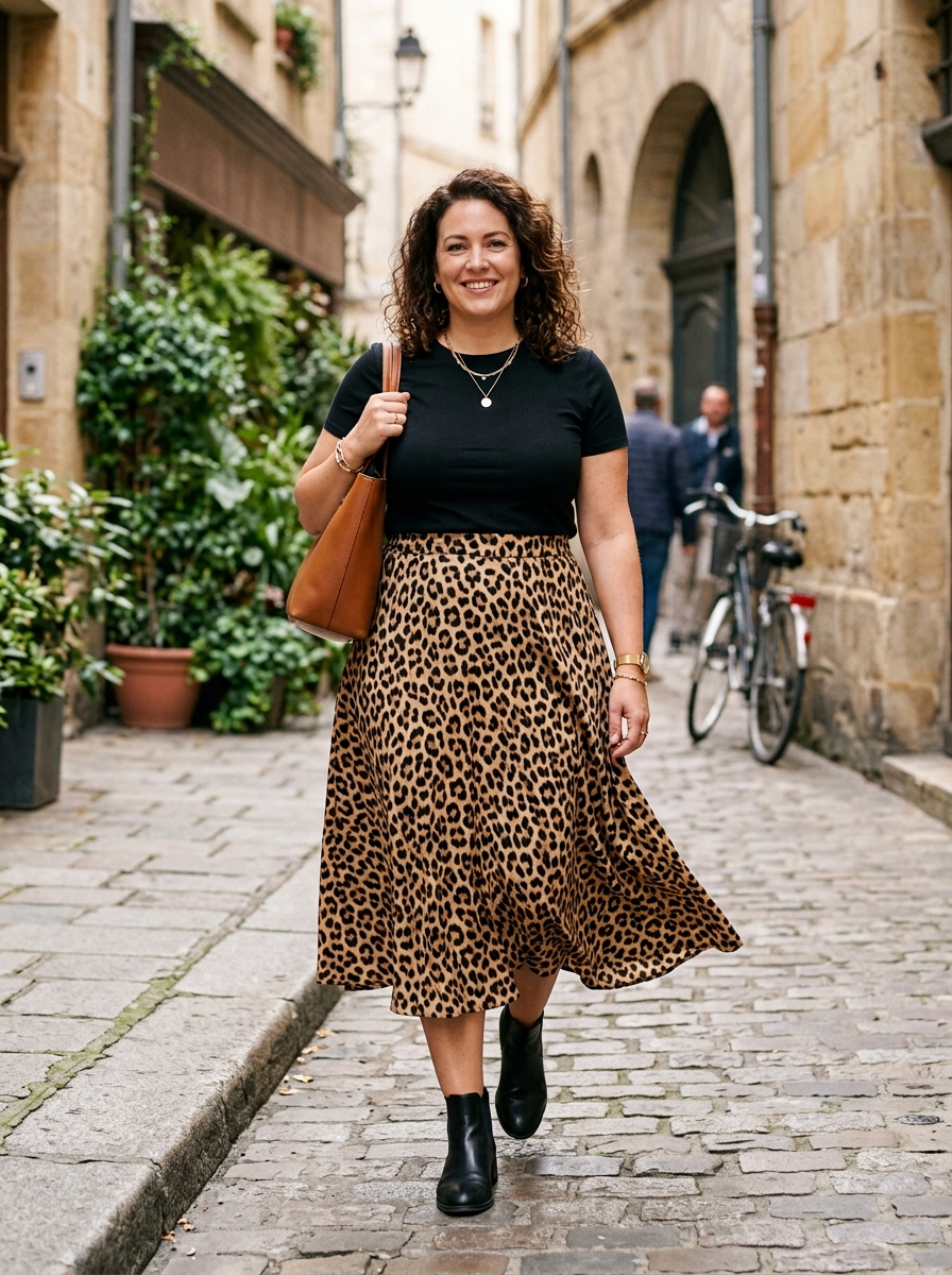 Leopard Midi Skirt With a Black Fitted Tee